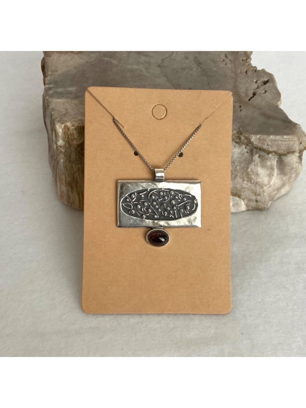 Sterling Silver 925 AFOS Garnet Rectangular Pendant Necklace 18.5" Chain